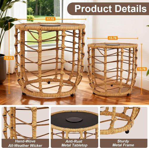 Boho Solar Outdoor Side Table with Built-In Lights Set of 2, All-Weather Wicker Nesting Tables, round Waterproof Accent End Table Design for Patio, Porch, Garden & Balcony, Natural Brown