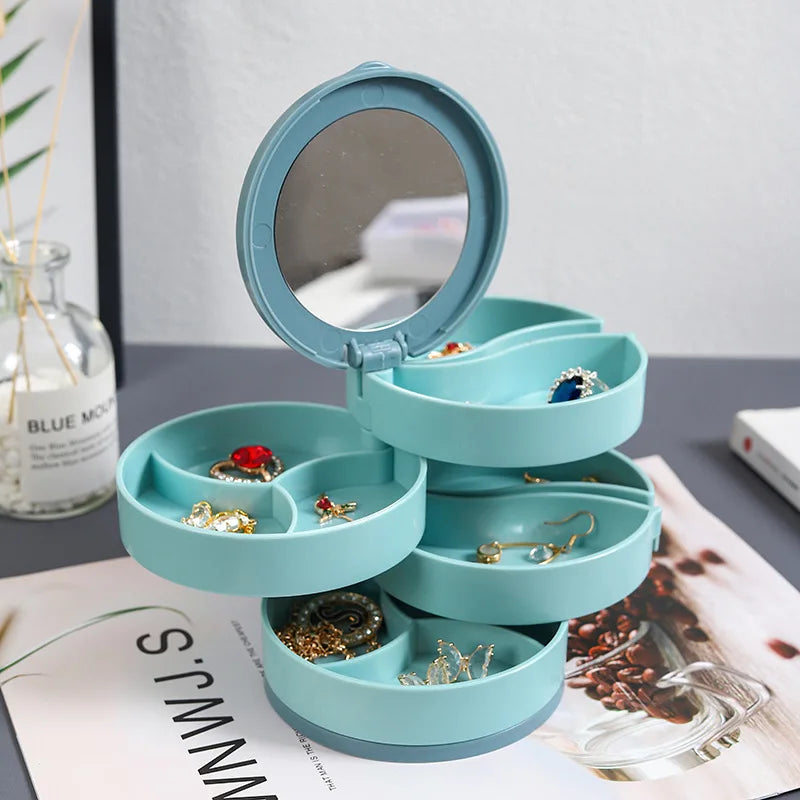 Rotating Four-Layer Jewelry Box Necklace Earrings Ring Bracelet Storage Organizer Multilayer Compartment Storage Box with Mirror