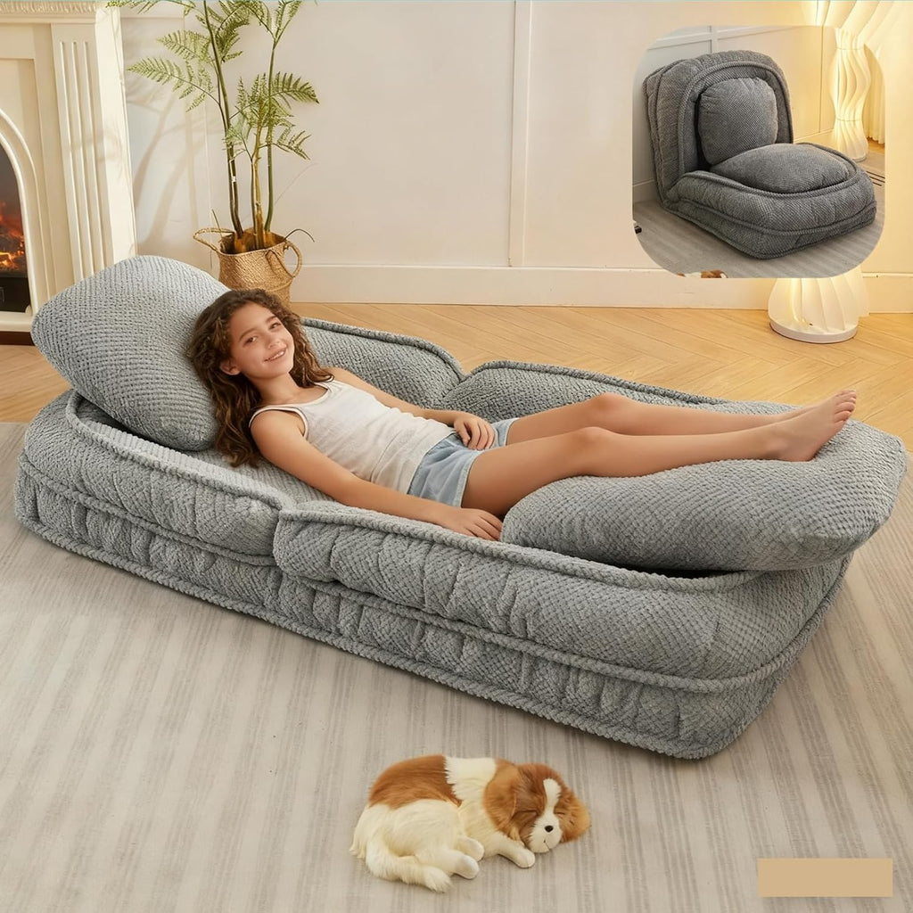 Foldable Lazy Sofa Bed, Polyester Upholstered Human Dog Bed for Adults and Pets, with 5 Adjustable Backrest Positions and 2 Soft Cushions for Living Room Bedroom, Gray