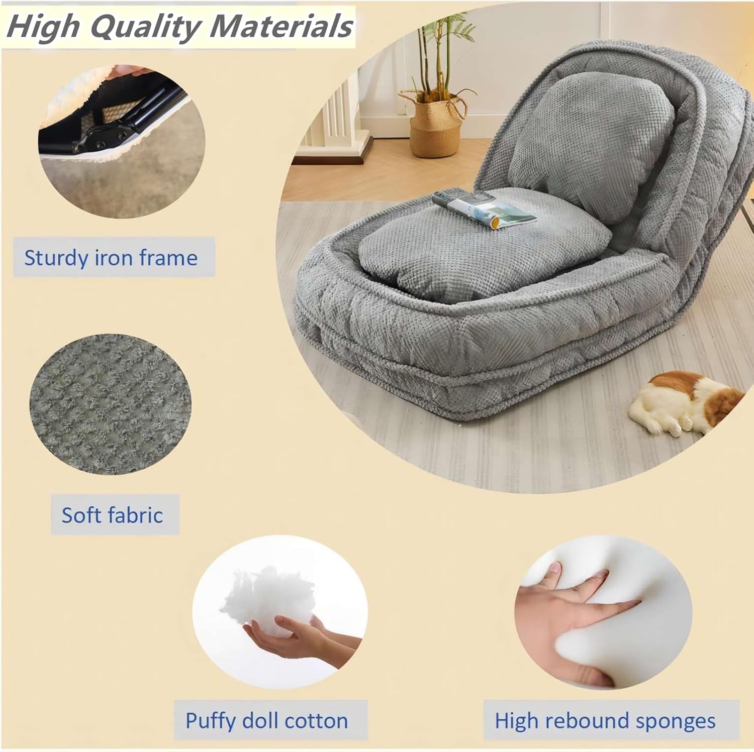 Foldable Lazy Sofa Bed, Polyester Upholstered Human Dog Bed for Adults and Pets, with 5 Adjustable Backrest Positions and 2 Soft Cushions for Living Room Bedroom, Gray