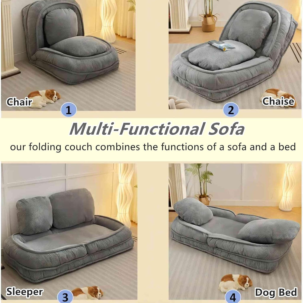Foldable Lazy Sofa Bed, Polyester Upholstered Human Dog Bed for Adults and Pets, with 5 Adjustable Backrest Positions and 2 Soft Cushions for Living Room Bedroom, Gray