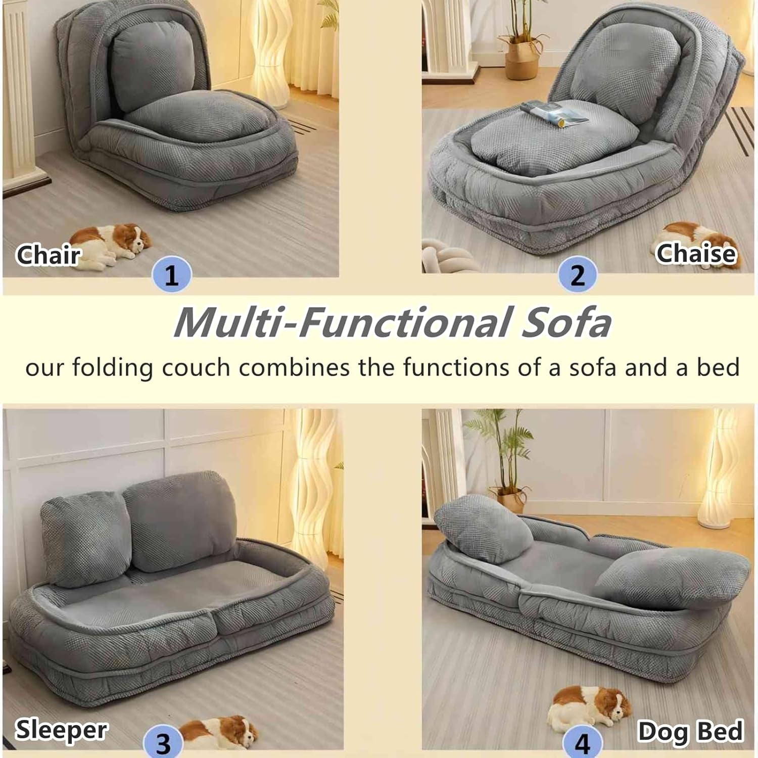 Foldable Lazy Sofa Bed, Polyester Upholstered Human Dog Bed for Adults and Pets, with 5 Adjustable Backrest Positions and 2 Soft Cushions for Living Room Bedroom, Gray