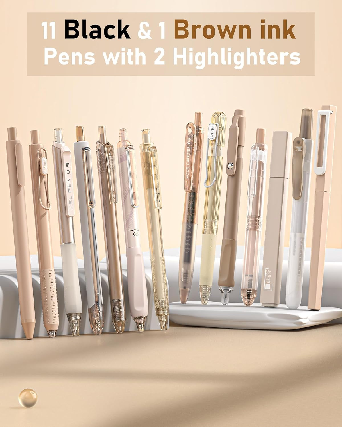 Writing Ink Pens with Black & Brown Ink and 2Pack Highlighter, Retractable 0.5Mm Smooth Fine Point Pens,Brown Pens for School, Office Girly Stationery Aesthetic Desk Accessories Set of 14