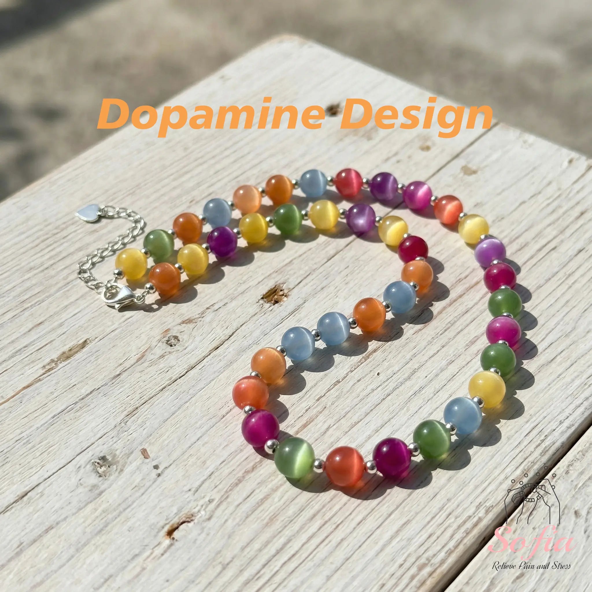 Sofia Dopamine Necklace - Rainbow Beaded Choker - UV Reactive Necklace Waterproof - Summer Jewelry Stainless Steel, Stackable Tiktokshopspringglowup