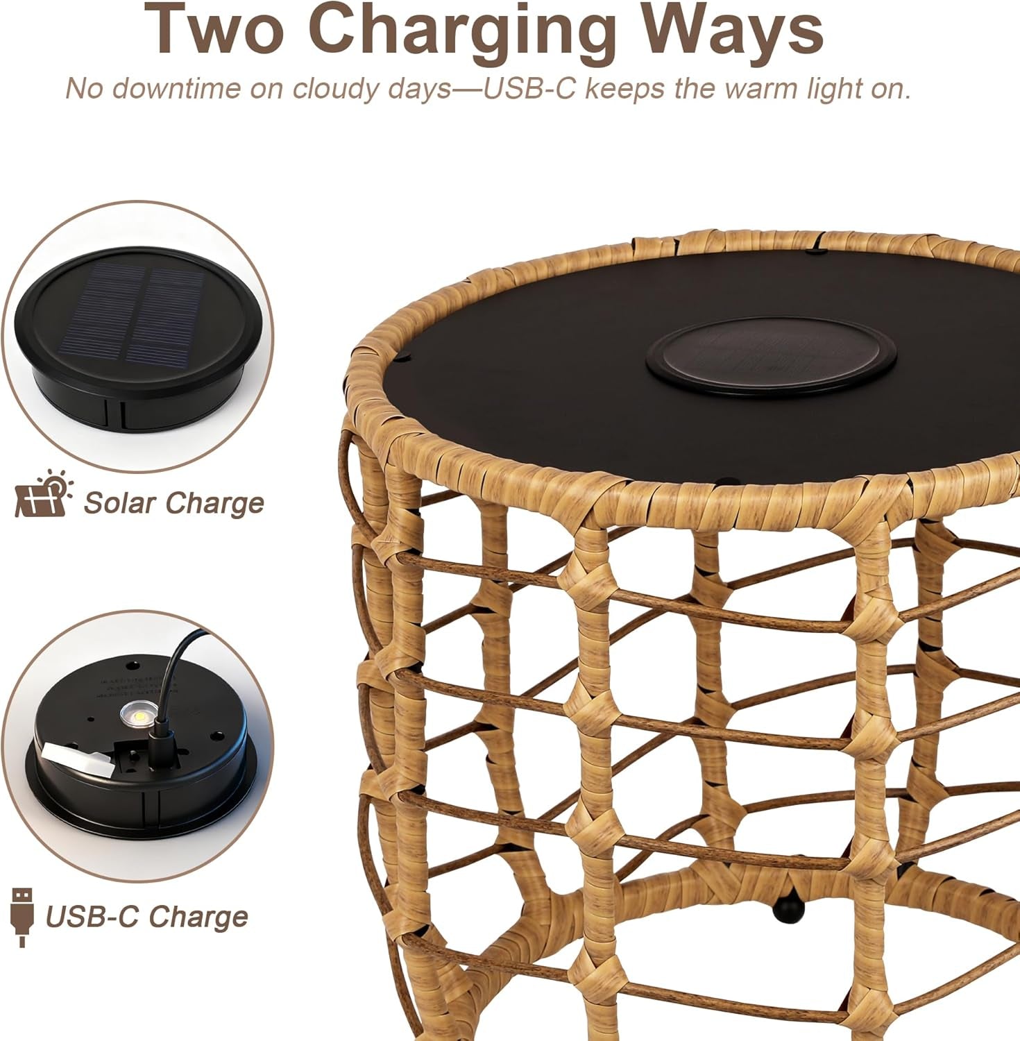 Boho Solar Outdoor Side Table with Built-In Lights Set of 2, All-Weather Wicker Nesting Tables, round Waterproof Accent End Table Design for Patio, Porch, Garden & Balcony, Natural Brown