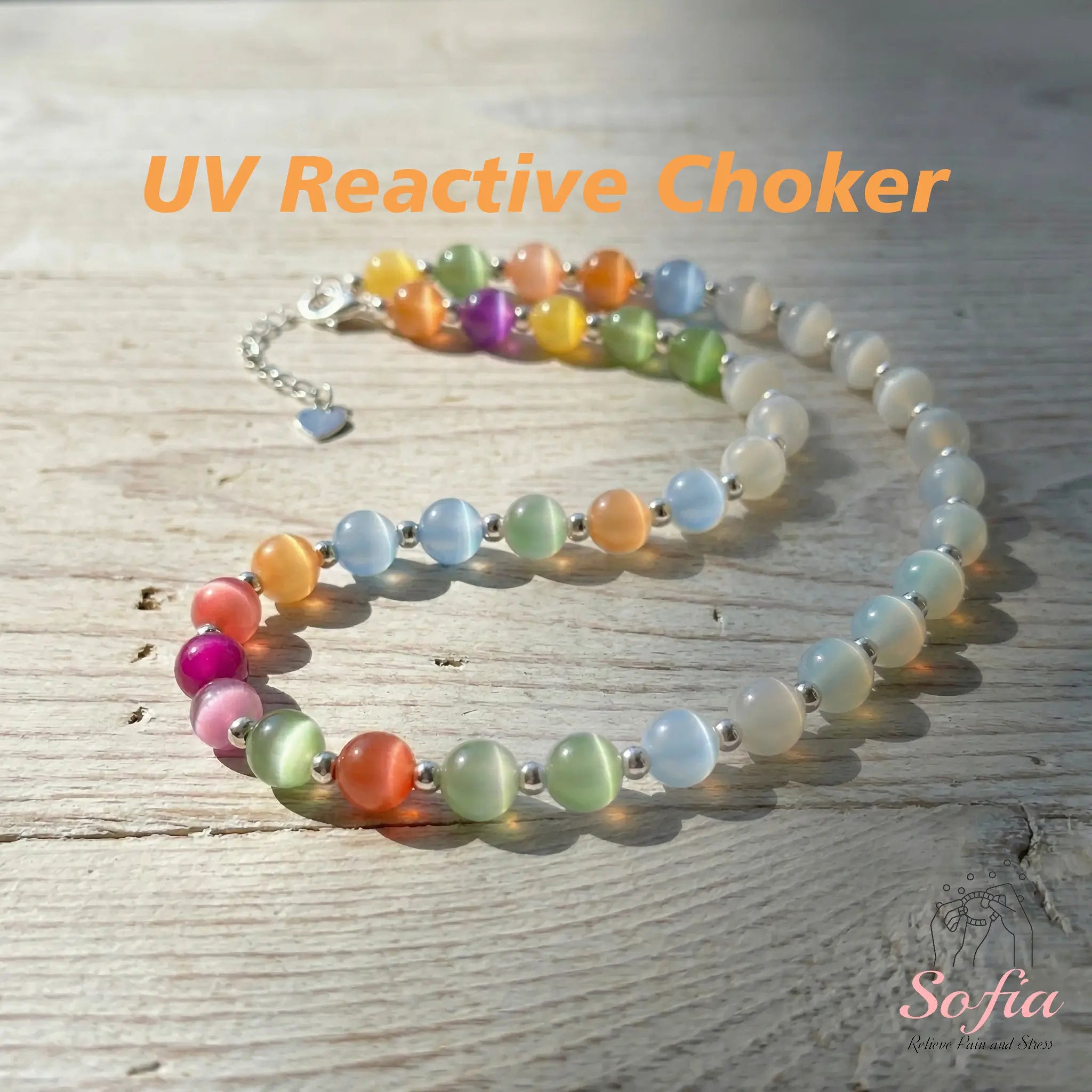 Sofia Dopamine Necklace - Rainbow Beaded Choker - UV Reactive Necklace Waterproof - Summer Jewelry Stainless Steel, Stackable Tiktokshopspringglowup