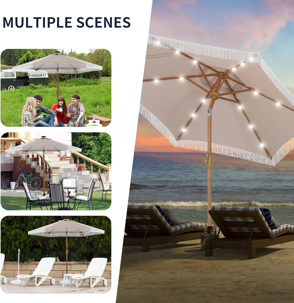 7.5 Ft Fringe Patio Umbrella with 18 LED Solar Lights ，Stylish Fringe Decor for Graden, Pool, Beach, Deck, Khaki
