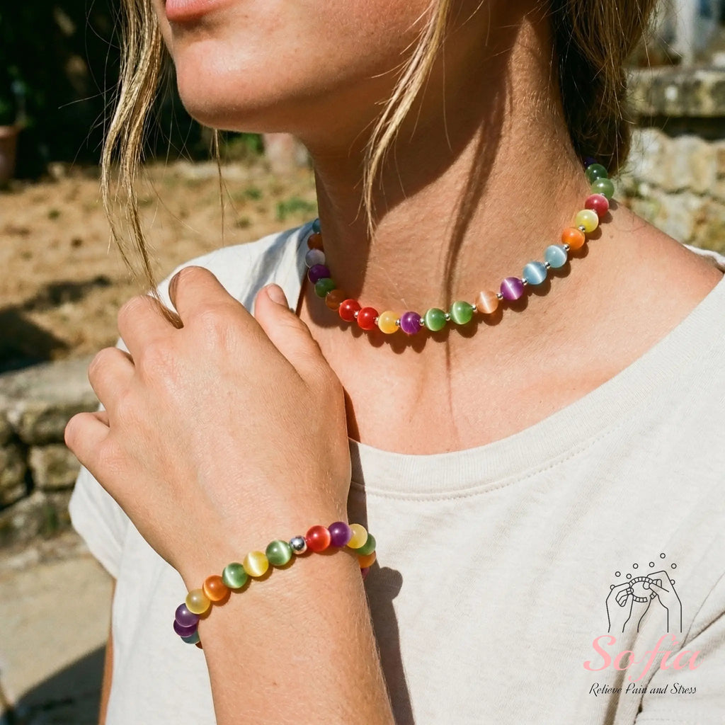 Sofia Dopamine Necklace - Rainbow Beaded Choker - UV Reactive Necklace Waterproof - Summer Jewelry Stainless Steel, Stackable Tiktokshopspringglowup