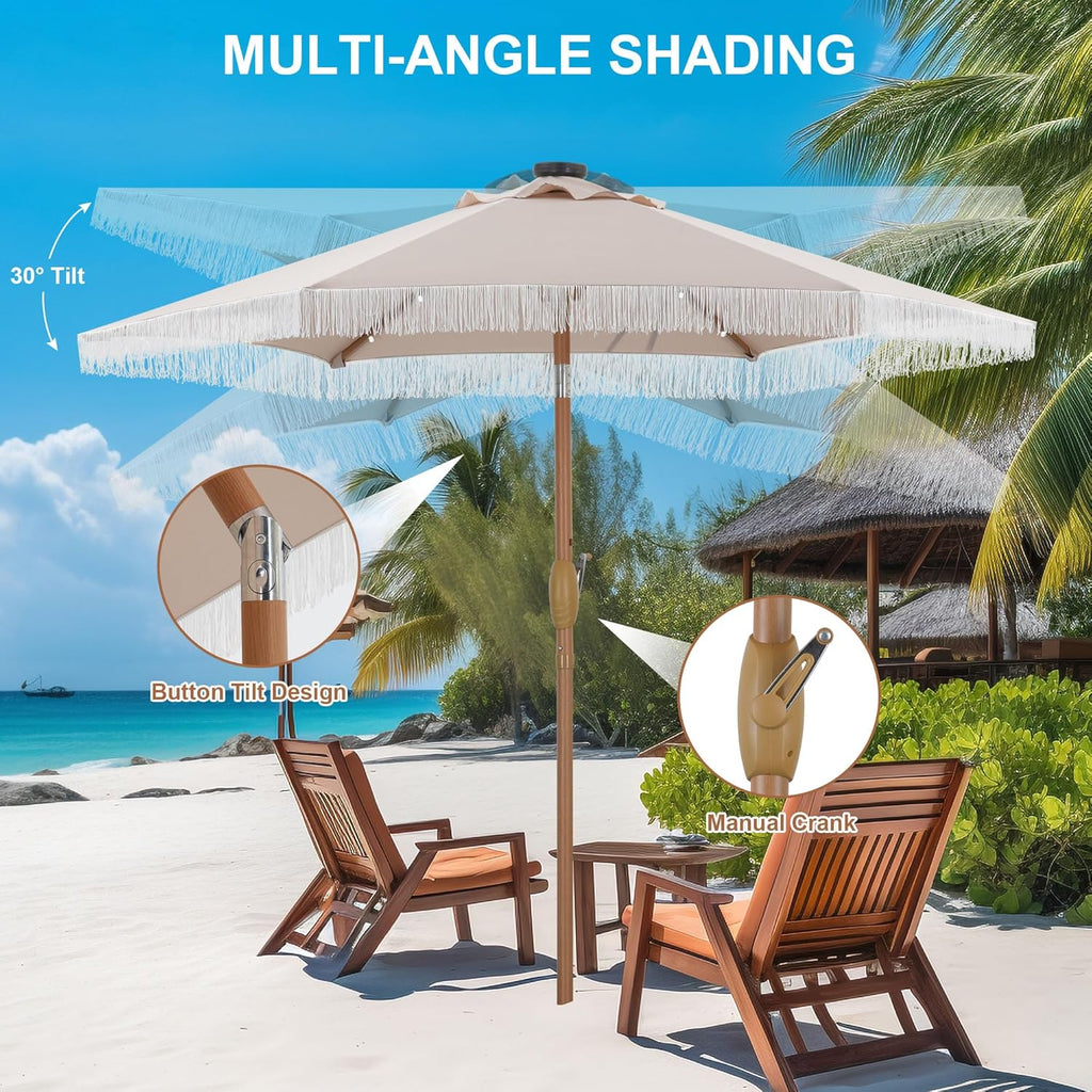 7.5 Ft Fringe Patio Umbrella with 18 LED Solar Lights ，Stylish Fringe Decor for Graden, Pool, Beach, Deck, Khaki