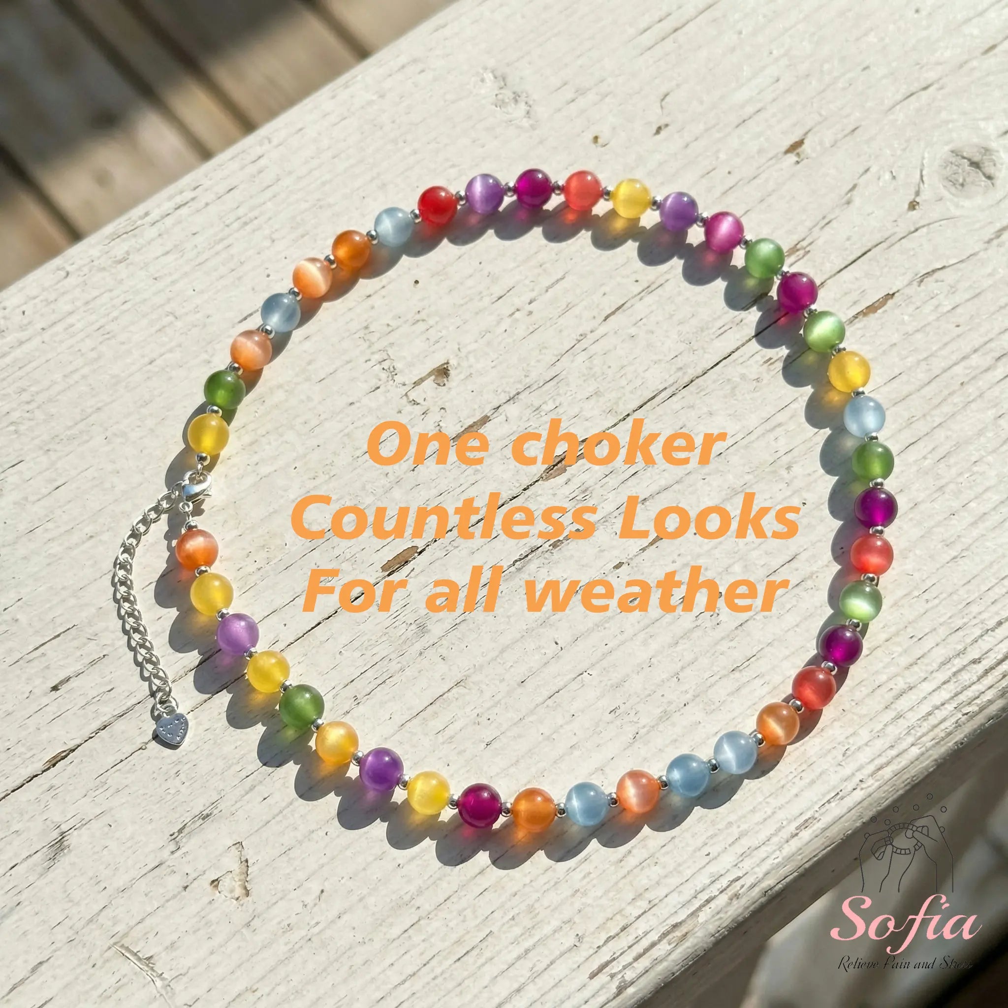 Sofia Dopamine Necklace - Rainbow Beaded Choker - UV Reactive Necklace Waterproof - Summer Jewelry Stainless Steel, Stackable Tiktokshopspringglowup