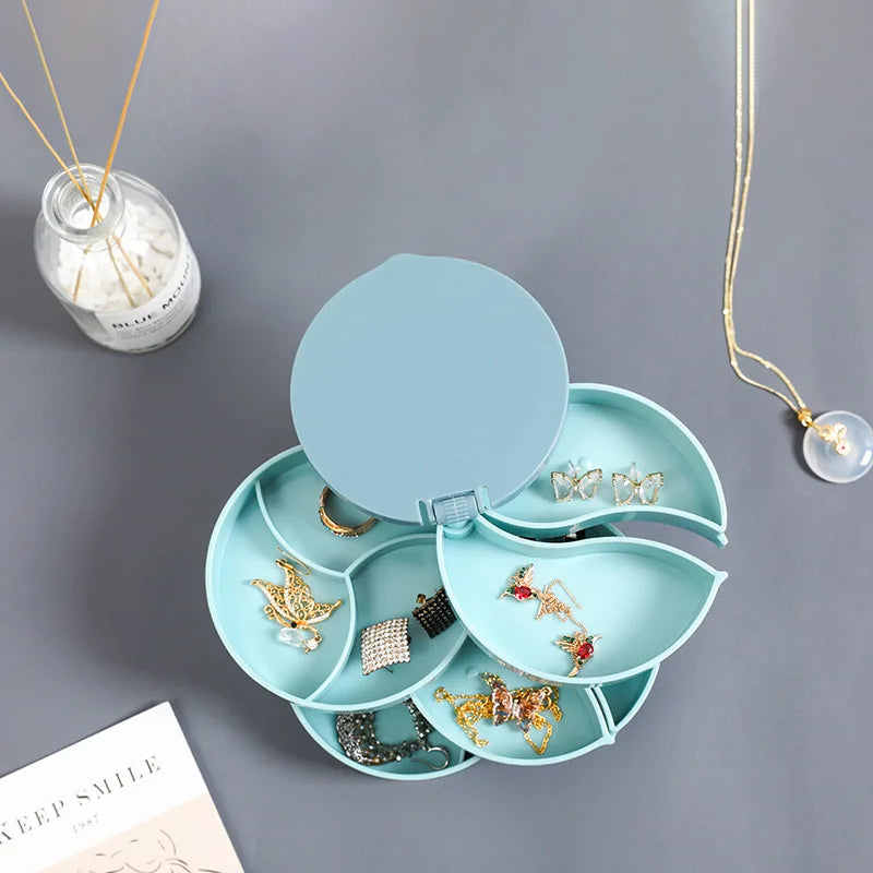 Rotating Four-Layer Jewelry Box Necklace Earrings Ring Bracelet Storage Organizer Multilayer Compartment Storage Box with Mirror