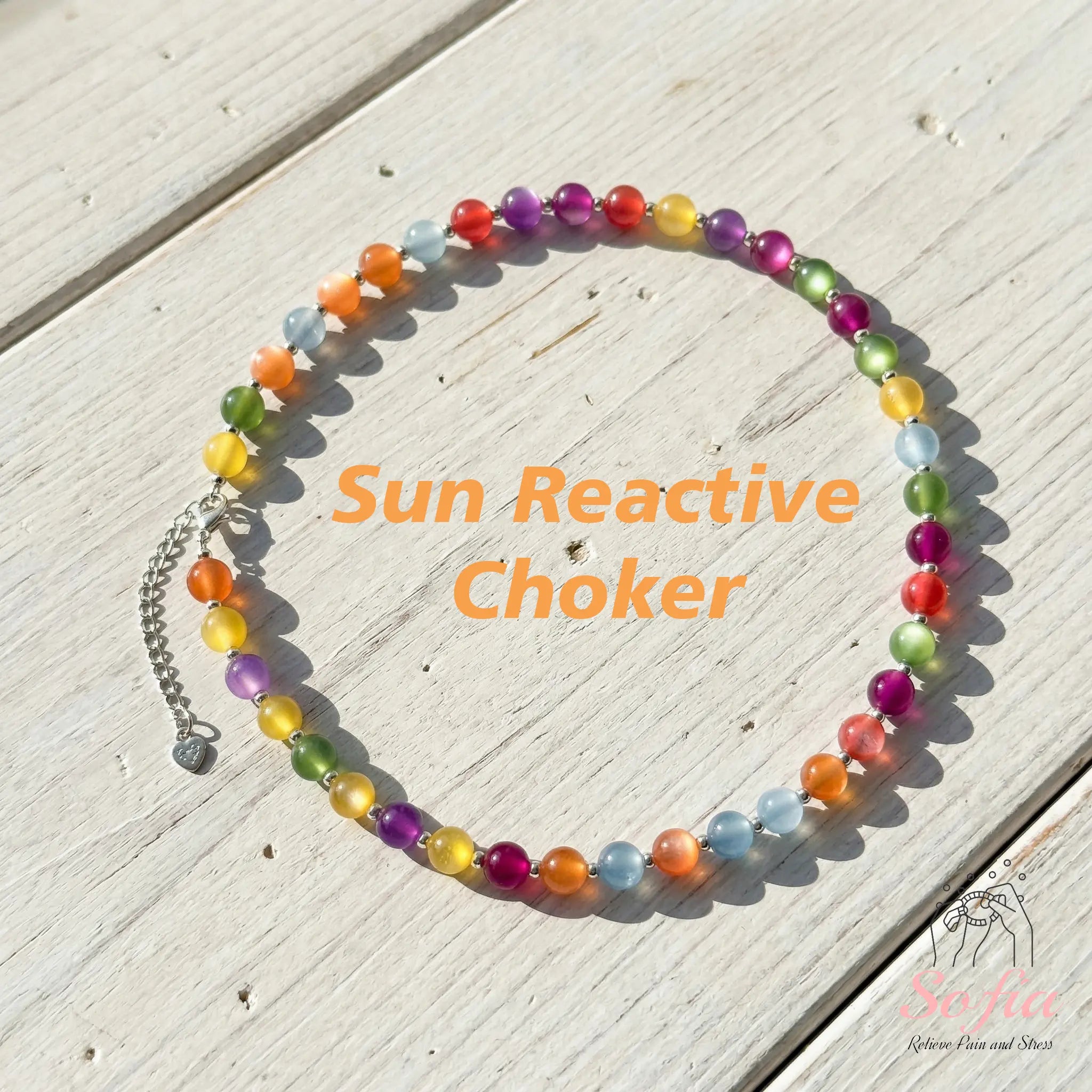 Sofia Dopamine Necklace - Rainbow Beaded Choker - UV Reactive Necklace Waterproof - Summer Jewelry Stainless Steel, Stackable Tiktokshopspringglowup