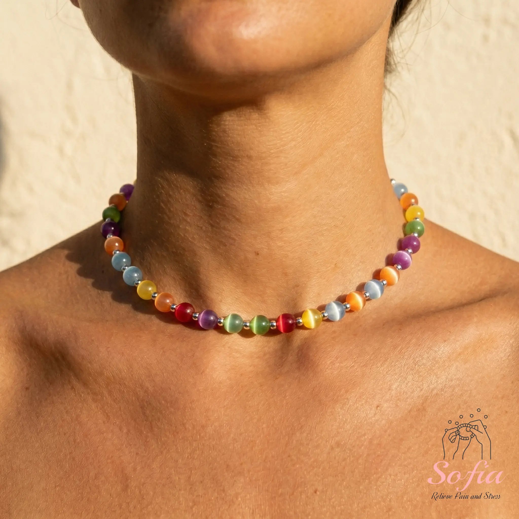 Sofia Dopamine Necklace - Rainbow Beaded Choker - UV Reactive Necklace Waterproof - Summer Jewelry Stainless Steel, Stackable Tiktokshopspringglowup