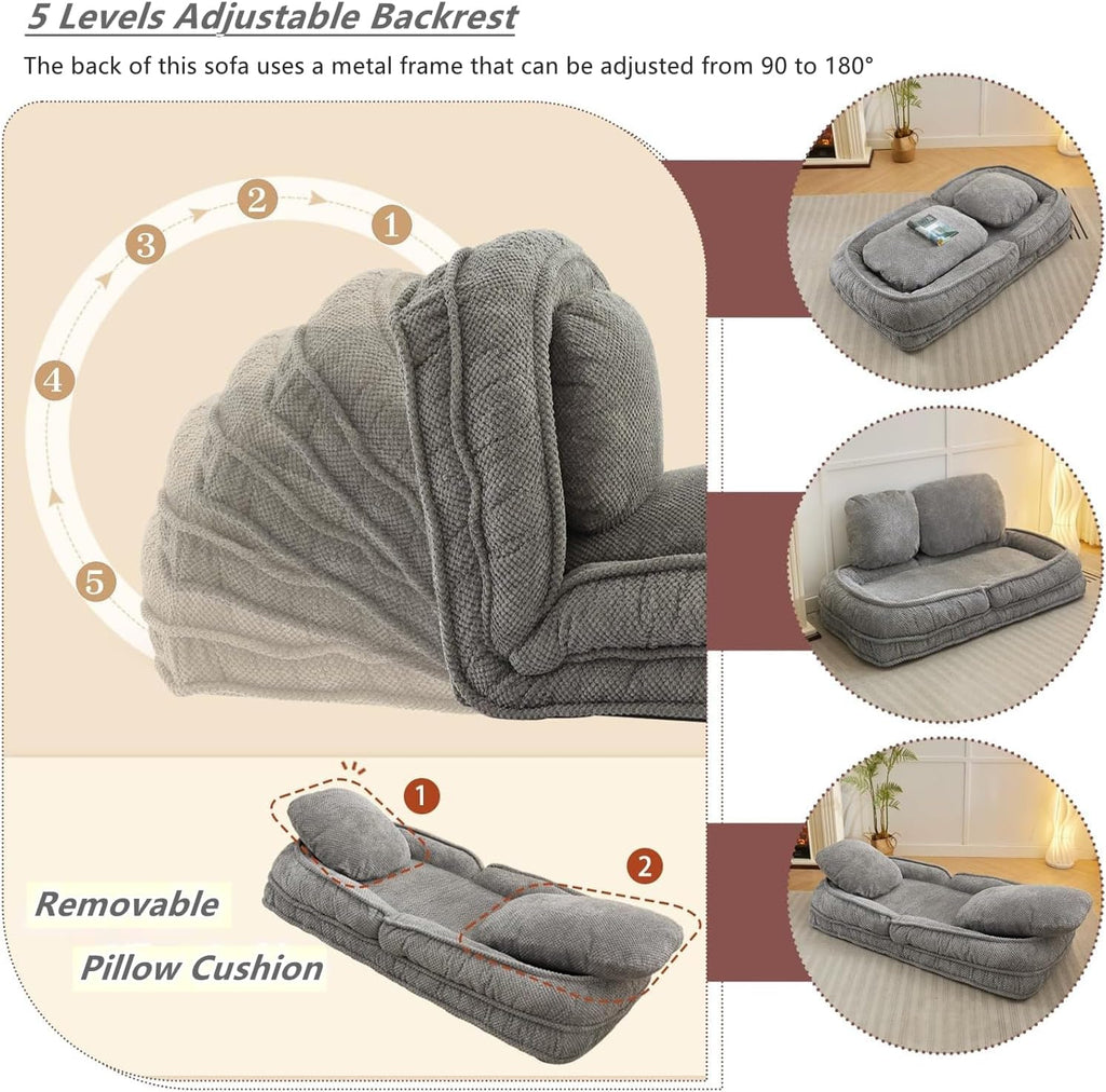 Foldable Lazy Sofa Bed, Polyester Upholstered Human Dog Bed for Adults and Pets, with 5 Adjustable Backrest Positions and 2 Soft Cushions for Living Room Bedroom, Gray