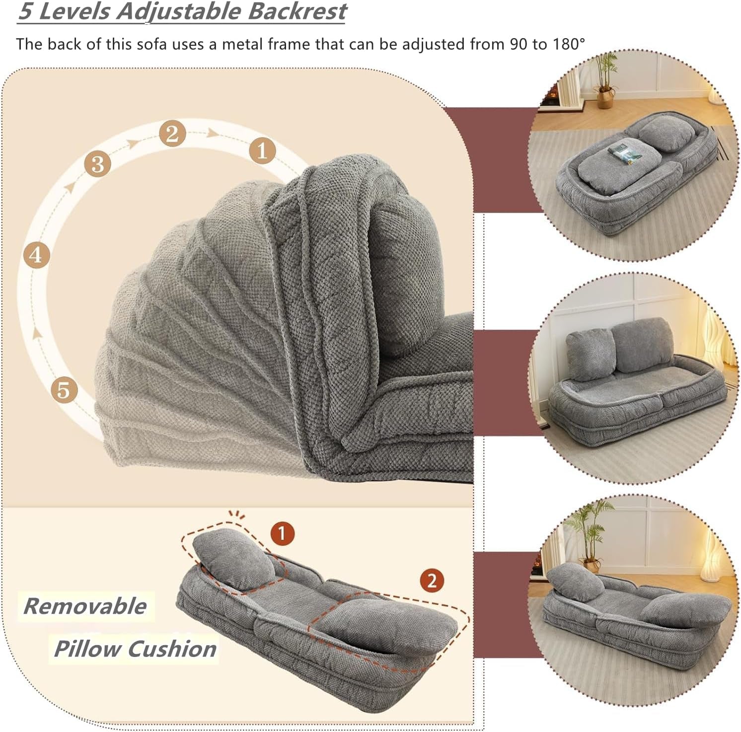 Foldable Lazy Sofa Bed, Polyester Upholstered Human Dog Bed for Adults and Pets, with 5 Adjustable Backrest Positions and 2 Soft Cushions for Living Room Bedroom, Gray