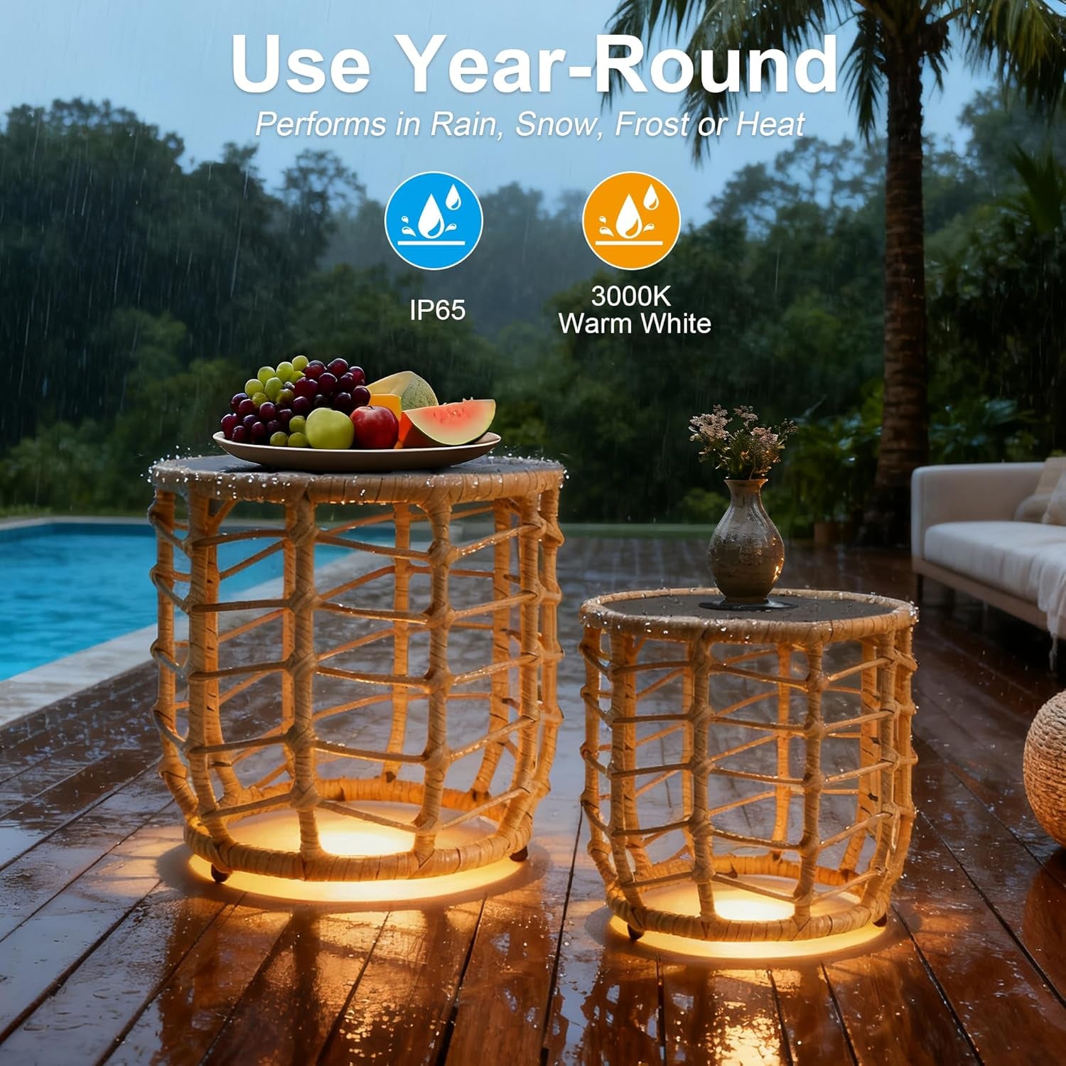Boho Solar Outdoor Side Table with Built-In Lights Set of 2, All-Weather Wicker Nesting Tables, round Waterproof Accent End Table Design for Patio, Porch, Garden & Balcony, Natural Brown